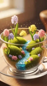 A transparent cup holds a miniature landscape with green hills, colorful flowers, and a blue stream, creating a whimsical scene.