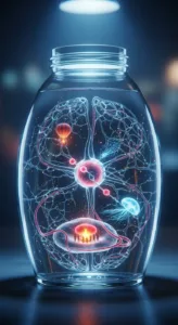 A glowing, transparent jar contains a colorful depiction of neurons, with figures gathered around a luminous core and floating elements like balloons and jellyfish.