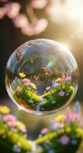 A translucent bubble contains a miniature garden with colorful flowers, bright greenery, and a small stone pathway, illuminated by sunlight.