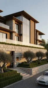 A modern multi-story house with glass and wooden elements, flanked by stone walls and lush greenery, features a stylish car in the driveway.