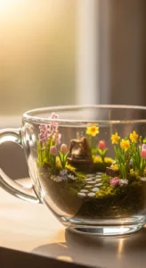 A clear glass cup contains a miniature garden with colorful flowers, moss, and a small stone pathway, illuminated by soft sunlight.