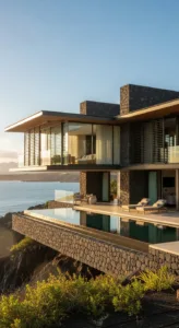 A modern villa with stone and glass design overlooks the ocean, featuring a pool and patio area, surrounded by lush greenery.