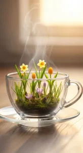 A glass cup filled with colorful flowers and green grass sits on a saucer, with steam rising in the background.