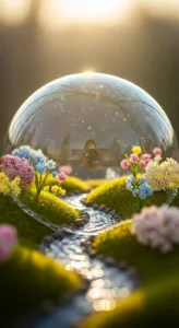 A glass dome encapsulates a vibrant miniature landscape with flowers and a flowing stream, illuminated by sunlight.
