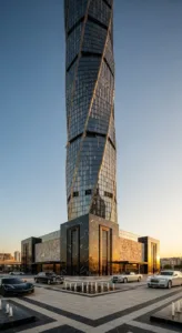 A tall, twisting skyscraper made of glass and metal stands in front of luxury cars, with a modern plaza and water features.