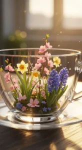 A glass cup contains a vibrant arrangement of various flowers, including yellow daffodils and blue hyacinths, set against a soft, blurred background.