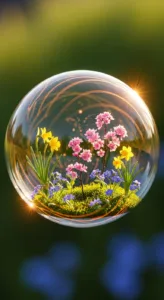 A crystal-clear bubble containing colorful flowers and lush greenery, illuminated with bright sunlight against a blurred background.