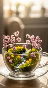 A glass cup holds a miniature scene with pink flowers, green moss, and a small water stream, all illuminated by soft sunlight.