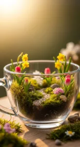 A glass cup filled with colorful, blooming flowers, moss, and small stones, creating a miniature garden scene.