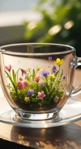 A clear glass cup contains a miniature garden filled with colorful flowers and greenery, set on a wooden surface.