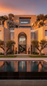 A modern stone house with large glass windows, framed by olive trees and rocks, features a pool and an elegant entrance.