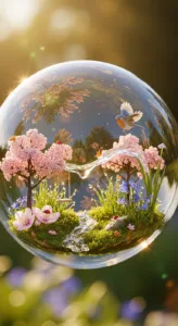 A tranquil scene inside a bubble showcases blooming pink trees, a flowing stream, vibrant flowers, and a bird in mid-flight.