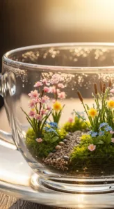 A glass cup holds a miniature garden with colorful flowers, greenery, and small pebbles, illuminated by soft sunlight.