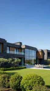 A modern, angular house features large glass windows and wooden accents, surrounded by a well-manicured lawn and landscaped greenery.