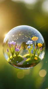 A bubble contains a vibrant miniature garden with various colorful flowers and a small pathway, illuminated by soft sunlight.