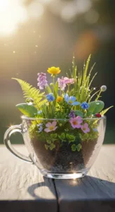 A transparent cup holds a vibrant assortment of small flowers and greenery, placed on a wooden surface, glowing in soft sunlight.