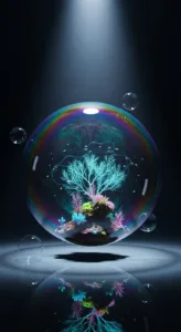 A vibrant, illuminated bubble contains a miniature underwater scene, featuring colorful corals and a tree-like structure, reflecting in a dark environment.