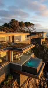 A modern house perched on a cliff, featuring large glass walls, a green roof, and a pool, surrounded by trees and rocky terrain.