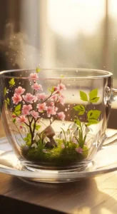 A clear glass cup contains a miniature scene with pink flowers, green leaves, and a small rock on moss, surrounded by mist.