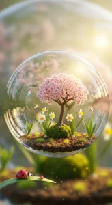 A miniature cherry blossom tree inside a glass globe, surrounded by flowers and butterflies, with a ladybug on a leaf nearby.