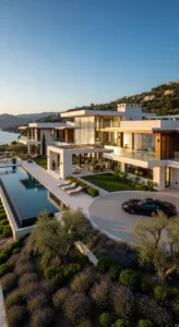 A luxurious modern villa overlooking a serene water view, featuring a large pool, elegant landscaping, and stylish outdoor lounging areas.