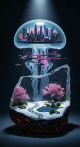 A futuristic jellyfish shape contains a city skyline, surrounded by cherry blossoms and a peaceful garden on a dark base.