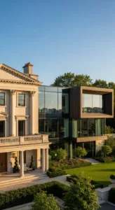 A luxurious mansion blends classic architecture with a modern glass extension, surrounded by manicured greenery and trees.