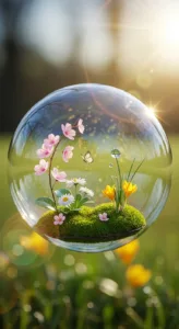A glass bubble contains a vibrant miniature garden with flowers, grass, and a butterfly, illuminated by sunlight.