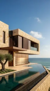 A modern beachfront villa features stone and glass elements, with a sleek infinity pool reflecting the ocean and sky.