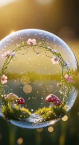 A bubble encases whimsical mushrooms and colorful flowers, surrounded by glistening droplets, set against a soft, luminous background.