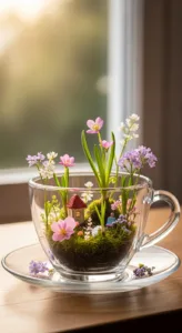 A miniature garden with colorful flowers and a tiny house is arranged inside a clear glass cup on a wooden table.