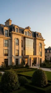 A luxurious mansion with elegant architecture, large windows reflecting sunset light, surrounded by manicured gardens and hedges.