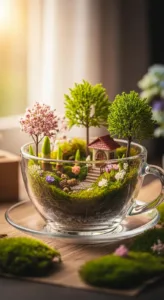 The image features a miniature landscape within a glass teacup, showcasing lush greenery, a small house, and delicate flowers, creating a serene scene.