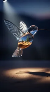 A translucent hummingbird with reflective wings captures a desert landscape inside its body, illuminated by soft light.