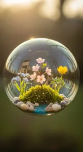 A glass bubble contains a miniature landscape with colorful flowers, green moss, and smooth stones, against a blurred background.