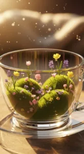 A clear glass cup contains small green mounds adorned with various colorful flowers, set against a warm, glowing background.