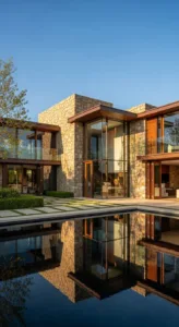A modern stone and glass house with wooden accents, reflecting in a still pool, surrounded by landscaped greenery.
