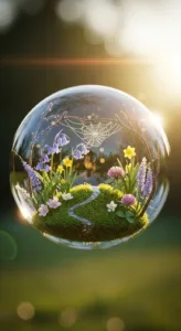 A glass bubble contains a miniature garden with colorful flowers, a small stream, and a spider web, illuminated by sunlight.