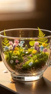 A glass bowl features colorful artificial flowers, moss, and pebbles, with a water droplet hanging in the sunlight.