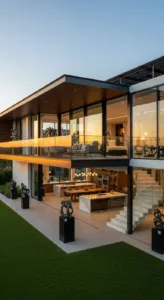 A modern two-story house with large glass walls, featuring an open balcony, elegant interior, and sculptures adorning the exterior.