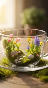 A clear glass cup houses a miniature garden with colorful flowers, moss, stones, and a winding path, all set against a soft background.