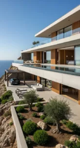 A modern, multi-level villa perched on a cliff with glass balconies, infinity pool, and landscaped garden overlooking the ocean.