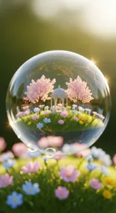 A bubble reflects a serene miniature garden with a gazebo, blooming pink trees, and colorful flowers on lush grass.