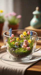A glass cup contains a miniature garden with colorful flowers, moss, and two small figurines of girls, set on a textured napkin.