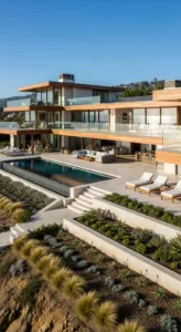 A modern multi-level villa features large windows, an infinity pool, and landscaped gardens, set against a clear blue sky.