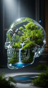 A transparent skull contains a lush miniature landscape with trees, moss, and a waterfall, reflecting nature's beauty.