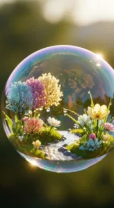 A shimmering soap bubble contains a miniature landscape with colorful trees, flowers, and a flowing stream, reflecting light beautifully.