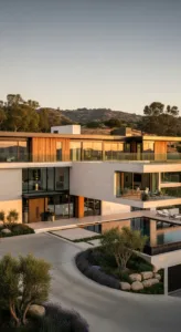 A modern, multi-level house featuring large glass windows, wooden accents, and a pool surrounded by landscaping, set against a hilly backdrop.
