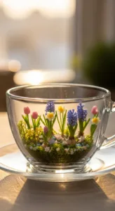 A glass cup filled with miniature colorful flowers and green moss, illuminated by soft, warm sunlight.