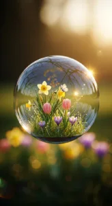 A bubble encases vibrant spring flowers, including daffodils, tulips, and crocuses, surrounded by a soft, warm glow.